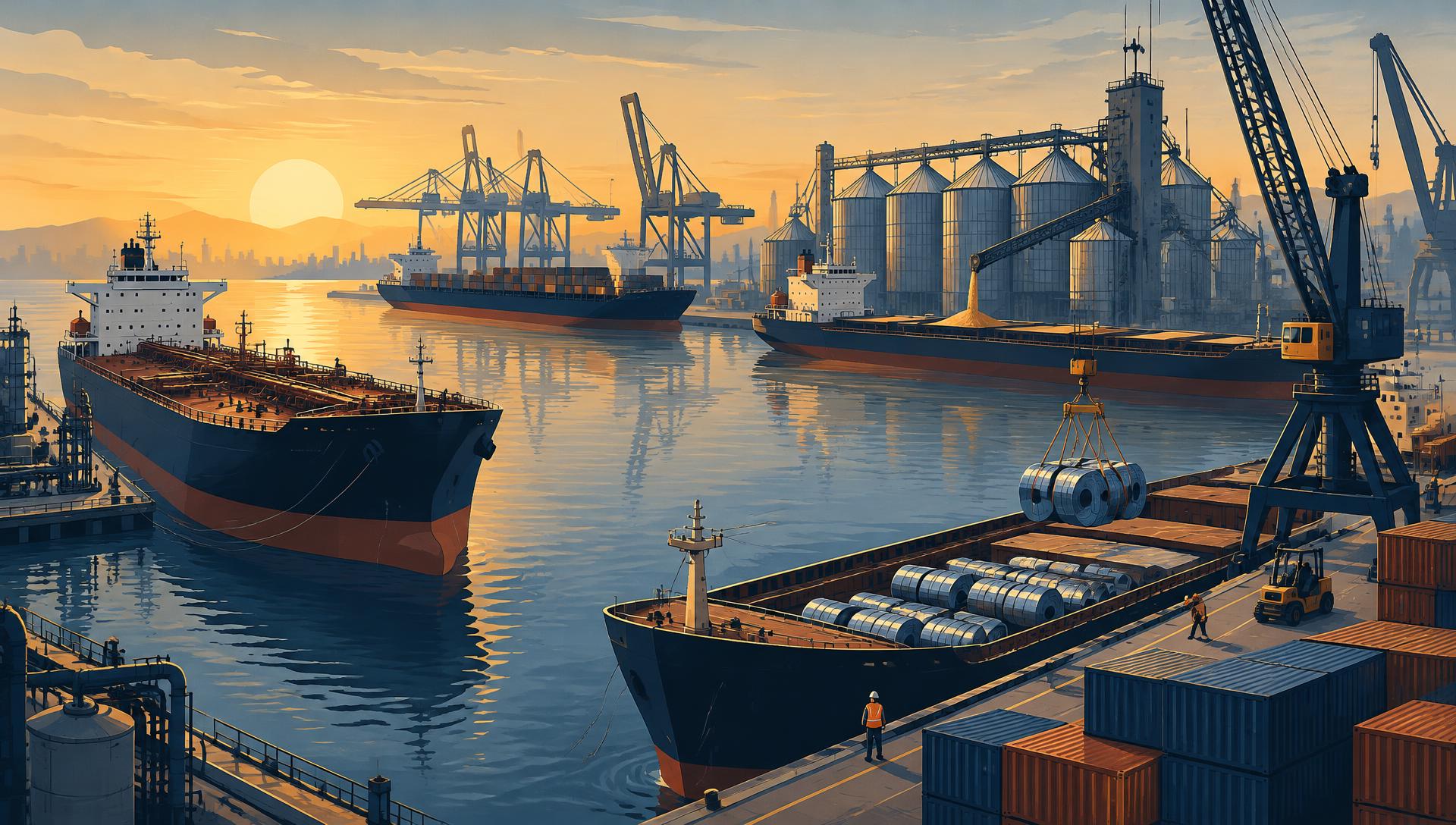 AI-generated editorial illustration of a busy commodity trading port with an oil tanker, bulk carriers, grain silos and shipping containers at dawn.