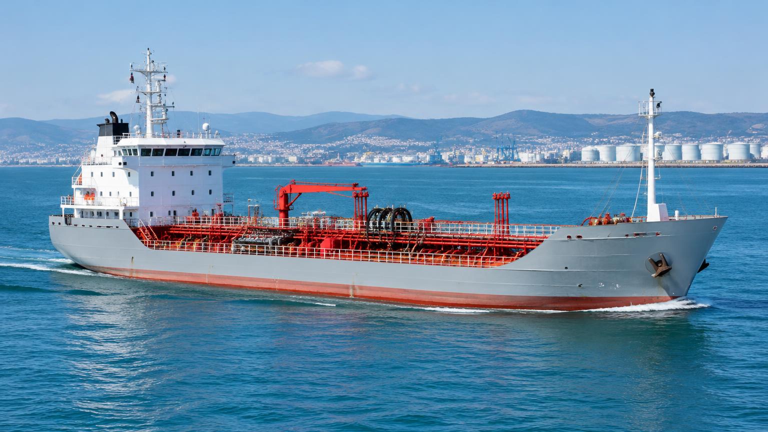 AI-generated illustration of a marine-fuel tanker in a Mediterranean harbour, accompanying the Alkagesta–Energy Petrol acquisition story.