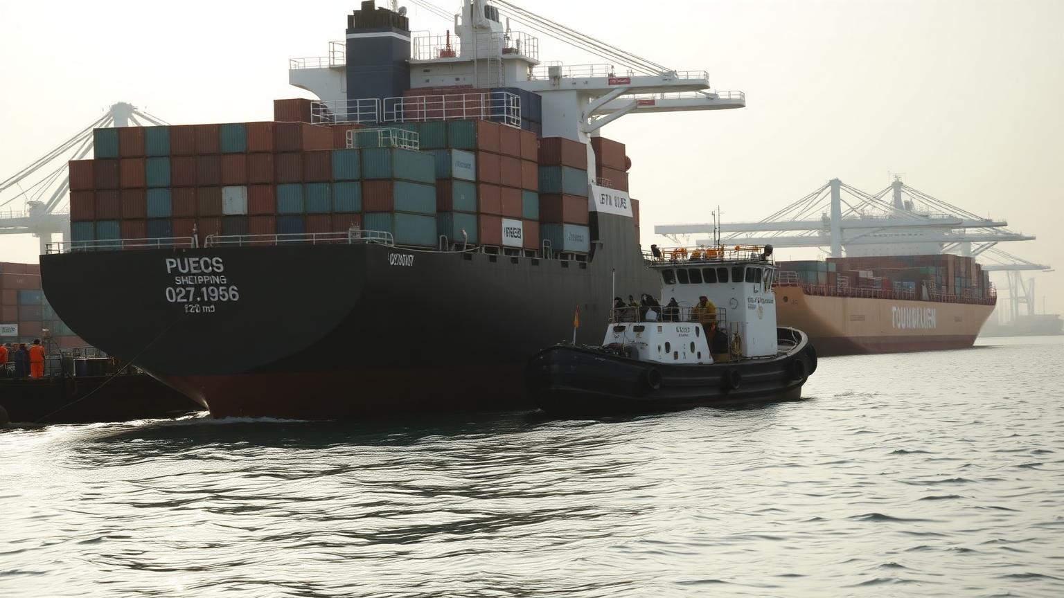 Bunker barge alongside a container vessel in an Asian port